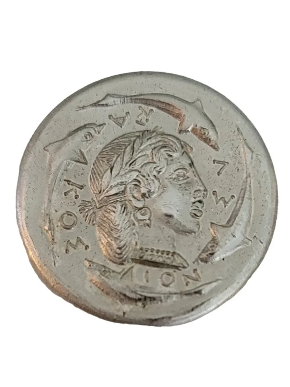 Silver Tone Greek Coin Brooch Pin, Signed, M455